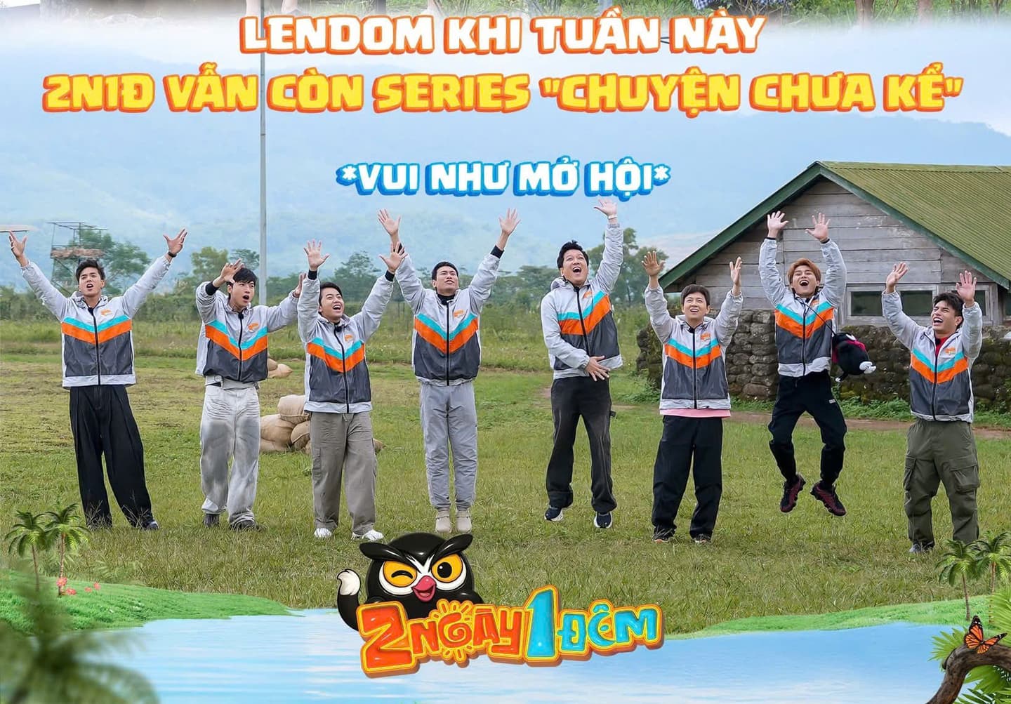 The cast of 2 Ngày 1 Đêm wearing coordinated custom jackets outdoors